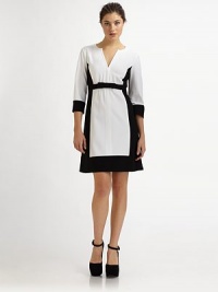 Dynamic colorblock adds a touch of mod to this fitted split-neck sheath.Split V necklineBodice dartsThree-quarter sleevesEmpire waist with bow detailCenter back zipperAbout 23 from natural waist69% rayon/29% nylon/2% spandexDry cleanMade in USA of imported fabricModel shown is 5'10 (177cm) wearing US size 4. Dynamic colorblock adds a touch of mod to this fitted split-neck sheath.Split V necklineBodice dartsThree-quarter sleevesEmpire waist with bow detailCenter back zipperAbout 23 from natural waist69% rayon/29% nylon/2% spandexDry cleanMade in USA of imported fabricModel shown is 5'10 (177cm) wearing US size 4.