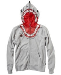 He can zip into this Quiksilver Maskerade hoodie, with a mesh mask over the eyes to make him look like a fighter pilot, future solider or shark. He can zip into this Quiksilver Maskerade hoodie, with a mesh mask over the eyes to make him look like a fighter pilot, future solider or shark.