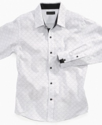 Modern accents make this sharp Diamond Dobbie shirt from Sean John the perfect addition to his closet. Modern accents make this sharp Diamond Dobbie shirt from Sean John the perfect addition to his closet.