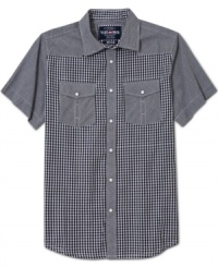Mixing up the gingham on this multi-pattern shirt from Ecko Unltd gives you a look to draw attention to your casual style. Mixing up the gingham on this multi-pattern shirt from Ecko Unltd gives you a look to draw attention to your casual style.