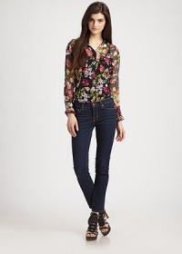 Semi-sheer silk blouse in full bloom with a vibrant floral-print, button front and hi-lo hem. Point collarButton frontLong sleeves with buttoned cuffsHi-lo hem hits below the hipsSilkDry cleanImportedModel shown is 5'10 (177cm) wearing US size Small. Semi-sheer silk blouse in full bloom with a vibrant floral-print, button front and hi-lo hem. Point collarButton frontLong sleeves with buttoned cuffsHi-lo hem hits below the hipsSilkDry cleanImportedModel shown is 5'10 (177cm) wearing US size Small.