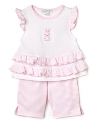 A perfectly pretty set featuring the flutter sleeve tee, accented with gingham ruffle trim and an embroidered bunny logo. Includes matching gingham pants. A perfectly pretty set featuring the flutter sleeve tee, accented with gingham ruffle trim and an embroidered bunny logo. Includes matching gingham pants.