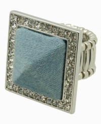 Laid-back glamour. GUESS's unique cocktail ring is the perfect blend of blue jeans Friday and rock star Saturday. A chic denim pyramid is surrounded by sparkling crystal details. Set in silver tone mixed metal. Ring stretches to fit finger. Laid-back glamour. GUESS's unique cocktail ring is the perfect blend of blue jeans Friday and rock star Saturday. A chic denim pyramid is surrounded by sparkling crystal details. Set in silver tone mixed metal. Ring stretches to fit finger.