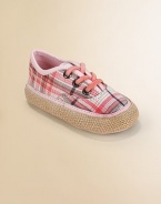 This bright plaid design has a lace-up look but slips on with ease, plus rustic espadrille-look trim.Cotton canvas upperFaux lace-up front with elastic lacesLeather liningLeather sole with jute trimImported