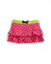 THE LOOKAllover dot printBright elastic waistband with contrast center bowTiered ruffle bodyAttached bloomers with elastic leg openingsTHE MATERIAL95% cotton/5% spandexCARE & ORIGINMachine washImported