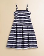 She'll be the belle of the ball in this flouncy, frilly, striped frock.SquareneckSpaghetti strapsHidden back zipperPleated, full skirtPolyester shantungMachine wash; dry flatImported