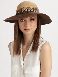 An exotic pheasant feather band adds flair to this straw design.90% toyo paper/10% cottonPheasant feather bandBrim, about 3Hand washMade in USA of imported fabric