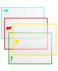 A set of four color-coded flexible mats provide the perfect prep space for cooking vegetables, fish, poultry and meat. Food finds a home on these silicone-backed mats, which stay firmly in place during prep and eliminate extra countertop mess. Limited lifetime warranty. A set of four color-coded flexible mats provide the perfect prep space for cooking vegetables, fish, poultry and meat. Food finds a home on these silicone-backed mats, which stay firmly in place during prep and eliminate extra countertop mess. Limited lifetime warranty.