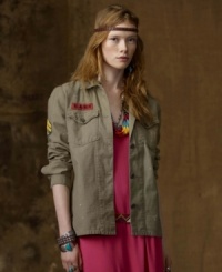 Crisp combat styling gets a downtown spin with Denim & Supply Ralph Lauren's cotton twill military jacket, complete with authentic patchwork, timeworn graphics and paint splatters to ensure your every move commands attention. Crisp combat styling gets a downtown spin with Denim & Supply Ralph Lauren's cotton twill military jacket, complete with authentic patchwork, timeworn graphics and paint splatters to ensure your every move commands attention.