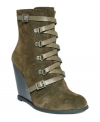 Buckle hardware embellishment and leather lace-up detailing toughen up the soft suede upper and round-toe silhouette of BCBGeneration's Kadeer ankle boots. With a 3-3/4 stacked wedge heel, they're a fierce fashion look this fall! Buckle hardware embellishment and leather lace-up detailing toughen up the soft suede upper and round-toe silhouette of BCBGeneration's Kadeer ankle boots. With a 3-3/4 stacked wedge heel, they're a fierce fashion look this fall!