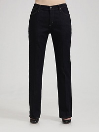 Stretch cotton in dark wash with contrast stitching. THE FITContoured through hips Straight leg High waist Inseam, about 34 THE DETAILSZip fly Five-pocket style Cotton/lycra; machine wash Made in USA of imported fabric Stretch cotton in dark wash with contrast stitching. THE FITContoured through hips Straight leg High waist Inseam, about 34 THE DETAILSZip fly Five-pocket style Cotton/lycra; machine wash Made in USA of imported fabric
