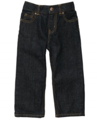 Osh Kosh will give him big boy style with these classic jeans, made even more stylish with a deep, dark wash. Osh Kosh will give him big boy style with these classic jeans, made even more stylish with a deep, dark wash.