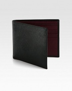Textured saffiano leather wallet with contrasting interior for modern appeal.Two billfold compartmentsEight card slotsLeather5W x 4HMade in Italy