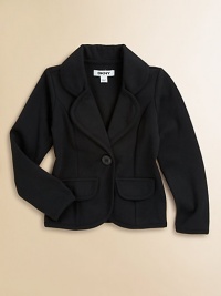 A chic silhouette that pairs fabulously with jeans and leggings, in smooth knit ponte fabric with flattering princess seams.Notch collarLong sleevesButton front closureDecorative front flap pockets66% cotton/28% polyester/6% spandexMachine washImported A chic silhouette that pairs fabulously with jeans and leggings, in smooth knit ponte fabric with flattering princess seams.Notch collarLong sleevesButton front closureDecorative front flap pockets66% cotton/28% polyester/6% spandexMachine washImported