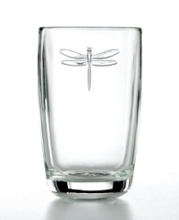 A festive addition to meals enjoyed al fresco, Dragonfly glassware stars one bug you won't mind in your drink. Each highball glass features a raised dragonfly, a symbol of water and the rebirth of spring. Made of thick, sturdy glass for everyday enjoyment. A festive addition to meals enjoyed al fresco, Dragonfly glassware stars one bug you won't mind in your drink. Each highball glass features a raised dragonfly, a symbol of water and the rebirth of spring. Made of thick, sturdy glass for everyday enjoyment.