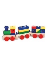 Wheeled train cars provide the bases for this wooden stacking train. Featuring fifteen colorful pieces that slide onto sturdy pegs, the train can be configured over and over again. More than seventeen inches long when the cars are hooked together! Wheeled train cars provide the bases for this wooden stacking train. Featuring fifteen colorful pieces that slide onto sturdy pegs, the train can be configured over and over again. More than seventeen inches long when the cars are hooked together!