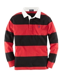Our classic striped rugby is the utmost in laid-back preppy style, and is cut for a comfortable fit in lightweight utility jersey. Our classic striped rugby is the utmost in laid-back preppy style, and is cut for a comfortable fit in lightweight utility jersey.