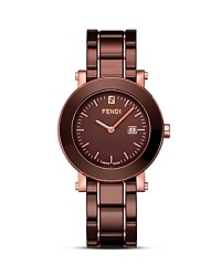 A polished timepiece from Fendi featuring a scratch-resistant ceramic bezel and date window. A polished timepiece from Fendi featuring a scratch-resistant ceramic bezel and date window.