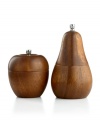 Fresh from the tree. Apple and pear-shaped salt and pepper grinders crafted of handsome acacia wood offer an all-natural way to spice up the table.