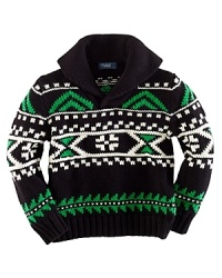 A shawl-collar sweater is updated in a hardy knit with an allover intarsia motif for fun holiday style. A shawl-collar sweater is updated in a hardy knit with an allover intarsia motif for fun holiday style.