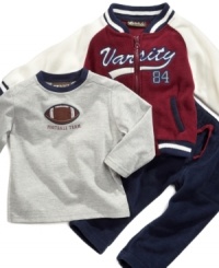 And the crowd goes wild! As the star of the team, he'll get all the attention in this varsity style shirt, jacket and pant set from Nannette. And the crowd goes wild! As the star of the team, he'll get all the attention in this varsity style shirt, jacket and pant set from Nannette.