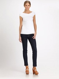 Luxe stretch jersey wrapped and gathered in a flattering boatneck silhouette.Cap sleevesCrossover bodiceRuching throughoutPullover styleAbout 27 from shoulder to hem94% rayon/6% spdandexDry cleanMade in USAModel shown is 5'11 (180cm) wearing US size Small. Luxe stretch jersey wrapped and gathered in a flattering boatneck silhouette.Cap sleevesCrossover bodiceRuching throughoutPullover styleAbout 27 from shoulder to hem94% rayon/6% spdandexDry cleanMade in USAModel shown is 5'11 (180cm) wearing US size Small.