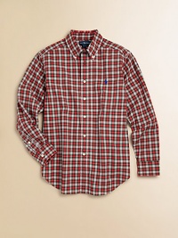 A button-down shirt in soft cotton poplin is perfectly preppy in a bold-hued plaid.Button-down collarLong sleeves with barrel cuffsButton-frontSplit back yokeShirttail hemCottonMachine washImported Please note: Number of buttons may vary depending on size ordered. A button-down shirt in soft cotton poplin is perfectly preppy in a bold-hued plaid.Button-down collarLong sleeves with barrel cuffsButton-frontSplit back yokeShirttail hemCottonMachine washImported Please note: Number of buttons may vary depending on size ordered.