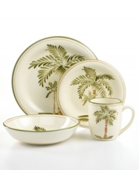 Serve up the flavor of the Caribbean with Palm Court Round place settings from the Gibson dinnerware collection. A large, hand-painted palm tree, and stripes of green and yellow make it a fun, versatile addition to any summer soiree. Serve up the flavor of the Caribbean with Palm Court Round place settings from the Gibson dinnerware collection. A large, hand-painted palm tree, and stripes of green and yellow make it a fun, versatile addition to any summer soiree.