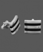 Polish, shine, and sophistication. This unique, men's cuff link style incorporates a rectangular, stainless steel setting with black resin stripes and round-cut diamonds (1/6 ct. t.w.). Approximate size: 3/4 inch x 1/2 inch.