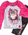 Bieber Fever shows no sign of breaking. She can get cozy in bed with this Justin Bieber graphic tee and pants set from AME.