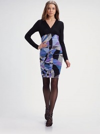 A solid bodice anchors the colorful, kinetic print on this form-fitting, sexy silhouette.V necklineLong sleevesSide ruchingConcealed side zipFully linedAbout 26 from natural waist80% wool/18% nylon/2% elastaneDry cleanMade in Italy of imported fabricModel shown is 5'10 (177cm) wearing US size 4. A solid bodice anchors the colorful, kinetic print on this form-fitting, sexy silhouette.V necklineLong sleevesSide ruchingConcealed side zipFully linedAbout 26 from natural waist80% wool/18% nylon/2% elastaneDry cleanMade in Italy of imported fabricModel shown is 5'10 (177cm) wearing US size 4.