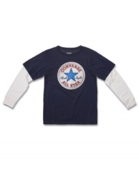 Let your All Star shine in this layered-look logo tee from Converse. Let your All Star shine in this layered-look logo tee from Converse.