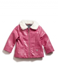 GUESS Kids Girls Pleather Jacket with Faux-Fur Collar, DEEP PINK (12M) GUESS Kids Girls Pleather Jacket with Faux-Fur Collar, DEEP PINK (12M)