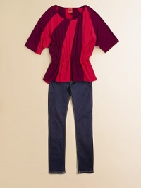 A bright, color-block style shaped with shrunken dolman sleeves and a fashion-forward hi-lo hem.Scoop necklineThree-quarter dolman sleevesGathered waistHi-lo hem96% rayon/4% spandexMachine washImported A bright, color-block style shaped with shrunken dolman sleeves and a fashion-forward hi-lo hem.Scoop necklineThree-quarter dolman sleevesGathered waistHi-lo hem96% rayon/4% spandexMachine washImported