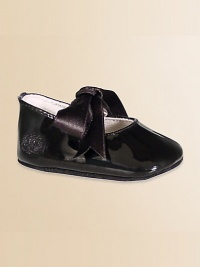 A soft satin bow ties a glossy patent style for a beautiful baby. Leather lined Padded insole Nubuck suede outsole with Ralph Lauren embroidery Imported A soft satin bow ties a glossy patent style for a beautiful baby. Leather lined Padded insole Nubuck suede outsole with Ralph Lauren embroidery Imported