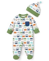 Zoom zoom! Your little dude will love this comfy, colorful car-print footie and matching hat from Offspring. Zoom zoom! Your little dude will love this comfy, colorful car-print footie and matching hat from Offspring.