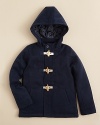 Keep him warm and bundled up in this classic hooded toggle jacket with quilted lining.