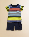 A plush cotton tee with cool, colorful stripes, paired with matching shorts, make this set a must-have for your little man.CrewneckShort sleevesPullover styleElastic waistCottonMachine washImported