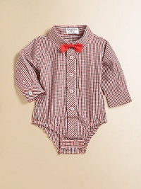 A classic plaid button-down one-piece for your little boy is handsome and sophisticated with a bow tie and bottom snaps for easy on and off.Shirt collarLong sleeves with button cuffsButton-frontBottom snapsCottonMachine washImported Please note: Number of buttons/snaps may vary depending on size ordered. 