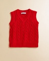 A colorful cable-knit vest is crafted in plush cotton for a cozy, festive layer.V-neckSleevelessPullover styleCottonMachine washImported