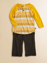 A cheery two-piece ensemble for your little guy, featuring a striped baseball-inspired shirt paired with soft pants. Ribbed crewneckLong sleevesButton frontContrast stitching at hemElastic waistbandFront pocketsBody: polyester/rayonTrim: modal/cottonMachine washImported A cheery two-piece ensemble for your little guy, featuring a striped baseball-inspired shirt paired with soft pants. Ribbed crewneckLong sleevesButton frontContrast stitching at hemElastic waistbandFront pocketsBody: polyester/rayonTrim: modal/cottonMachine washImported