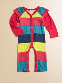 A precious little one-piece for baby in a snap-front silhouette with a rainbow of colorful stripes.V-neckRuffled shouldersLayered-look long sleevesSnap front and bottom50% cotton/50% modalMachine washImported Please note: Number of snaps may vary depending on size ordered. A precious little one-piece for baby in a snap-front silhouette with a rainbow of colorful stripes.V-neckRuffled shouldersLayered-look long sleevesSnap front and bottom50% cotton/50% modalMachine washImported Please note: Number of snaps may vary depending on size ordered.