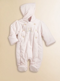Fully lined in ultra-soft cotton, this cozy velour bunting features beautiful floral embroidery and monogrammed buttons for a sweet look.Attached hoodLong sleeves with mitten cuffsScallop-trimmed panel with buttonsHidden bottom snap placketConcealed bottom snapsFully lined93% cotton/7% elastaneMachine washImported Please note: Number of snaps/buttons may vary depending on size ordered. Fully lined in ultra-soft cotton, this cozy velour bunting features beautiful floral embroidery and monogrammed buttons for a sweet look.Attached hoodLong sleeves with mitten cuffsScallop-trimmed panel with buttonsHidden bottom snap placketConcealed bottom snapsFully lined93% cotton/7% elastaneMachine washImported Please note: Number of snaps/buttons may vary depending on size ordered.