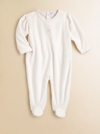 A charming one-piece, crafted in lush velour, with bow embroidery and scalloped trim for sweet baby style.CrewneckLong sleevesBack snapsDrop seat with snaps80% cotton/20% polyesterMachine washImported Please note: Number of snaps may vary depending on size ordered. A charming one-piece, crafted in lush velour, with bow embroidery and scalloped trim for sweet baby style.CrewneckLong sleevesBack snapsDrop seat with snaps80% cotton/20% polyesterMachine washImported Please note: Number of snaps may vary depending on size ordered.
