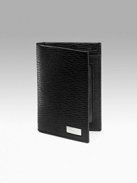 Stamped calfskin credit card holder has two card slots and one ID window. 3W X 4¼H Made in Italy Stamped calfskin credit card holder has two card slots and one ID window. 3W X 4¼H Made in Italy