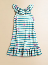 Sweet bows, stripes and flirty ruffles are the perfect frilly, feminine adornments for this a-line frock.Ruffled jewelneckSleevelessPullover styleA-line silhouetteRuffled hem51% spandex/49% cottonMachine washImported Sweet bows, stripes and flirty ruffles are the perfect frilly, feminine adornments for this a-line frock.Ruffled jewelneckSleevelessPullover styleA-line silhouetteRuffled hem51% spandex/49% cottonMachine washImported
