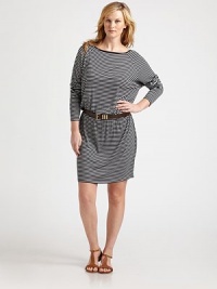 When skinny, nautical stripes meet sporty raglan sleeves and a comfortable elasticized waist, you get a stretch jersey dress that offers arm coverage and a fantastic fit.Solid necklineDolman sleevesPull-on styleComfortable elasticized waistBelt includedAbout 29 from natural waist95% rayon/5% spandexMachine washImported