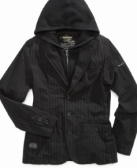 A cool, urban style for the fashion-forward set. He'll look super sleek in Epic Threads' pinstriped hooded blazer. A cool, urban style for the fashion-forward set. He'll look super sleek in Epic Threads' pinstriped hooded blazer.