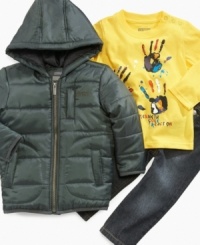 Encourage him to put his imprint on style and comfort early with this fun shirt, coat and jean set from Kenneth Cole Reaction. Encourage him to put his imprint on style and comfort early with this fun shirt, coat and jean set from Kenneth Cole Reaction.