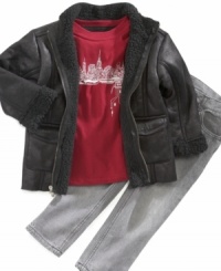 Throwback style. This bomber jacket set includes a comfy long-sleeve tee and jeans to complete his classic cool. Throwback style. This bomber jacket set includes a comfy long-sleeve tee and jeans to complete his classic cool.